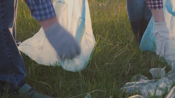 Voluntarios recogen basura de plástico en el césped en bolsas de basura, una familia feliz está limpiando el patio, manteniendo la tierra limpia, la contaminación ambiental del planeta redondo, el trabajo en equipo — Vídeos de Stock