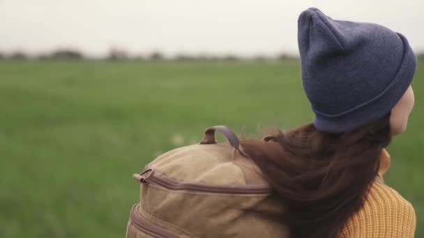 Glückliches aktives Hipster-Mädchen mit Rucksack auf dem Rücken unterwegs im schönen Tal, Millennial-Frau auf der grünen Wiese, Wandern, Wandern, Outdoor-Freizeit-Wochenende — Stockvideo