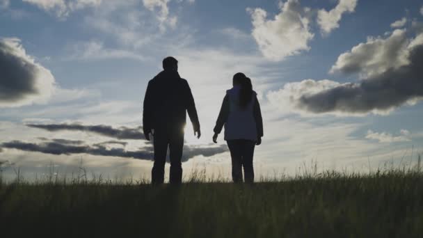 Silhouette degli agricoltori nel campo al tramonto uniti mano nella mano, unendo agronomi, vivendo in campagna, lavorando sulla terra nella stagione della semina e della raccolta, lavoro di squadra insieme — Video Stock