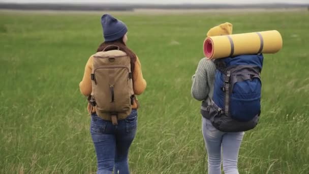 Chicas hipster activas felices con mochilas en la espalda viajan a través de un hermoso valle, una mujer milenaria en un campo verde, excursiones, senderismo en el sendero, recreación al aire libre — Vídeos de Stock