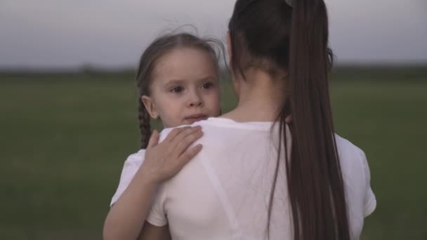 妈妈抱着一个小孩，一个和妈妈在绿草上散步的女孩，一个快乐的家庭的概念，母亲的快乐，一个抱着保姆散步的女孩 — 图库视频影像