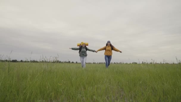 Gelukkig actieve hipster meisjes met rugzakken op hun rug reizen lopen in een prachtige vallei, duizendjarige vrouw op een groen veld, wandelen reizen, wandelpad springen, outdoor recreatie — Stockvideo