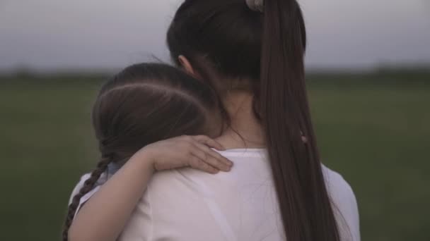 Mutter trägt ein kleines Kind auf dem Arm, ein Mädchen geht mit ihrer Mutter über das grüne Gras, das Konzept einer glücklichen Familie, die Freude der Mutterschaft, ein Mädchen umarmt ein Kindermädchen auf einem Spaziergang — Stockvideo
