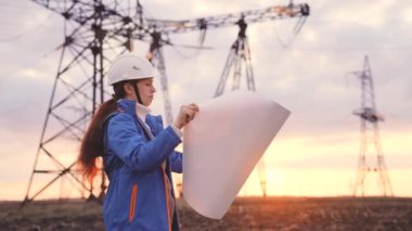 Yüksek elektrik santrallerinin arka planında bir elektrikçi elektrik yapısının geliştirilmesi projesine bakıyor, kablolardaki elektrik voltajının genişletilmesi