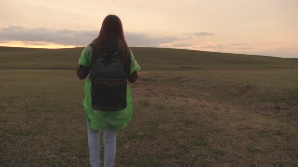 Gelukkig actief hipster meisje met rugzak op haar rug reizen in prachtige vallei de zonsondergang, duizendjarige vrouw op groen veld, wandelen reizen, wandelpad, outdoor recreatie weekend — Stockvideo