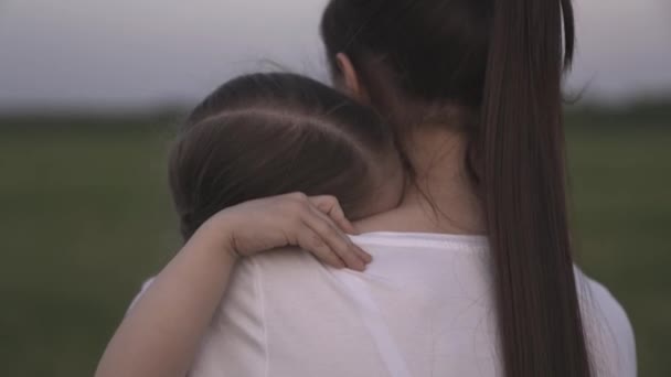 Mãe carrega uma criança em seus braços, uma menina com sua mãe caminha na grama verde, o conceito de uma família feliz, a alegria da maternidade, uma menina abraça uma babá em uma caminhada — Vídeo de Stock