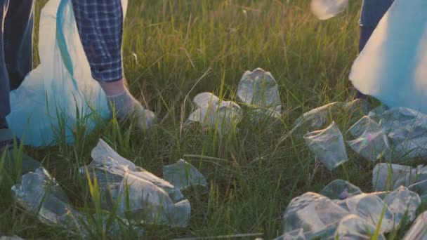 Vrijwilliger team van mensen verzamelen afval plastic in vuilniszakken samen, het leven zonder afval, bevrijd de planeet van vervuiling, gelukkige familie, doe goede daden, teamwork — Stockvideo