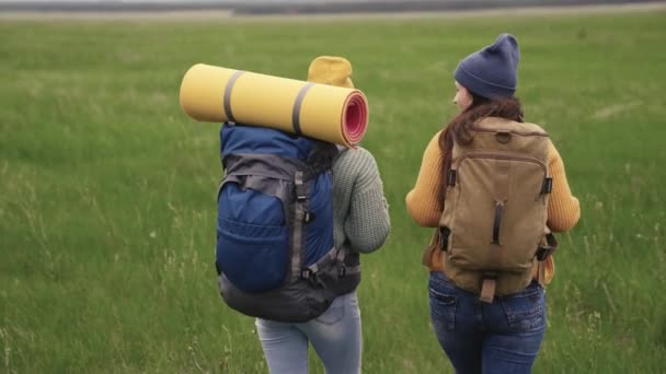 Szczęśliwe, aktywne hipsterki z plecakami na plecach podróżują przez piękną dolinę, tysiącletnią kobietę na zielonym polu, wędrują pieszo, wędrują szlakiem, spędzają czas na świeżym powietrzu — Wideo stockowe