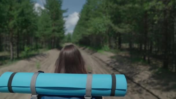 Jong meisje reist door het bos met een rugzak op haar schouders, een duizendjarige wandeltocht in het park, een actief gezond meisje in een gemotiveerd avontuur, een gelukkige vrije dag — Stockvideo