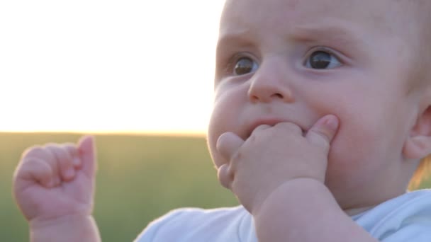 A kisbaba kiszívja az ujját, a gyereknek viszkető íny van a szájában, fogzik a gyerekekre, egy gyerek a természetben a szabadban, közelkép, gyerekkori élet — Stock videók