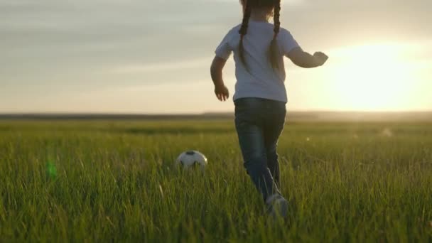 Malé dítě hraje fotbal s fotbalovým míčem na zelené louce stadionu při západu slunce, profesionální trénink fotbalového týmu, dynamický aktivní trénink dětí, život fanoušků, naučit se skórovat gól — Stock video