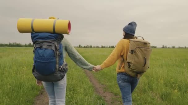 Gelukkig actieve hipster meisjes met rugzakken op hun rug reizen door een prachtige vallei, een duizendjarige vrouw op een groen veld, reizen wandelen, wandelen op het pad, outdoor recreatie — Stockvideo