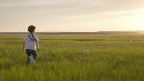 Een klein kind schopt de bal op het veld bij zonsondergang, een FIFA World Cup fan, een kind dat op groen gras loopt en droomt van een voetballer, een baby voorbereiden op een volwassen finale wedstrijd — Stockvideo