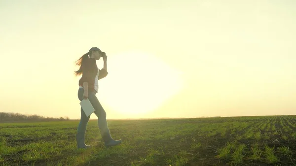 A farmer in boots walks through wheat seedlings in a green field with a tablet at sunset, the earth has disfigured the seedlings of planted plants in a vegetable garden, an agronomist works in a — Stock Photo, Image