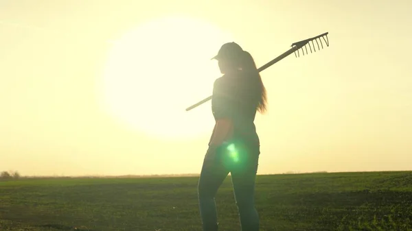 Landbouw, een boer loopt over het veld in rubberen laarzen met een hark in zijn handen bij zonsondergang, het concept van een bedrijf van het kweken van groenten en bessen, een boer aan het werk — Stockfoto