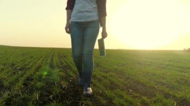 Çizmeli bir çiftçi, gün batımında elinde tabletle yeşil bir tarlada buğday fideleri arasında yürüyor. Toprak, bir sebze bahçesinde ekilen bitkilerin fidelerini bozmuş. Bir tarım uzmanı, bir tarımcı...