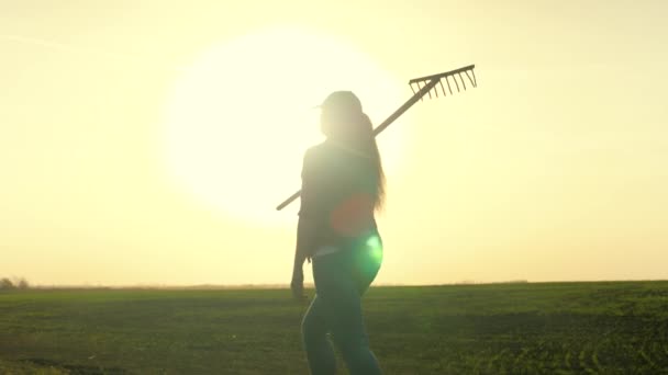 Agricultura, um agricultor caminha através do campo com botas de borracha com um ancinho nas mãos ao pôr do sol, o conceito de um negócio de cultivo de vegetais e bagas, um agricultor no trabalho — Vídeo de Stock