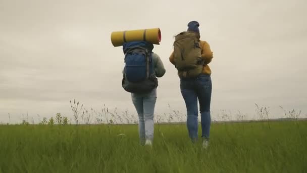 Glada tusenåriga hipster flickor reser längs dalen med ryggsäckar, flickvänner tillbringa helger tillsammans på en campingtur, en aktiv livsstil, utforska området på jakt efter äventyr — Stockvideo