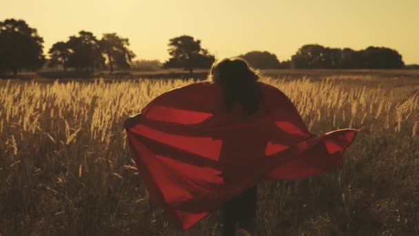 Gelukkig meisje spelen superhelden ze lopen over groen veld in rode mantel, camouflage fladders in de wind. spelletjes en dromen van kinderen. Langzame beweging. Tieners dromen ervan om superheld te worden. jonge meisjes in rode mantel — Stockvideo