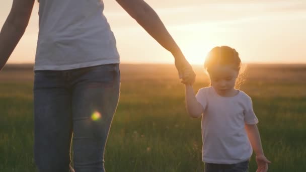 Malé dítě drží ruku matky při západu slunce, mateřská láska a péče o svou dceru, dotknout se snu matky, koncept šťastného rodinného života, dítě se dotýká rodiče s rukou — Stock video