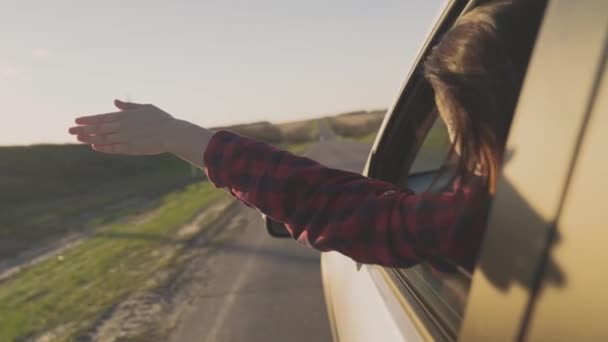 Una joven viaja en coche por la carretera, extiende la mano por la ventana, coge el viento, disfruta del clima natural, disfruta de la libertad de vida, viaja en viaje de negocios, viaja en un vale — Vídeos de Stock