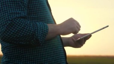 ziraat, tablette yakın plan bir çiftçinin elleri, toprakta iş ekimi, ekinli yağ tarlaları, çevrimiçi iş satışları, kırsal yaşam ve çalışma