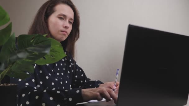 Uma mulher de negócios trabalha em um computador no escritório, um freelancer digita texto no teclado, on-line em um programa remotamente, a Internet para transferência de dados, uma menina preenche e mantém importante — Vídeo de Stock