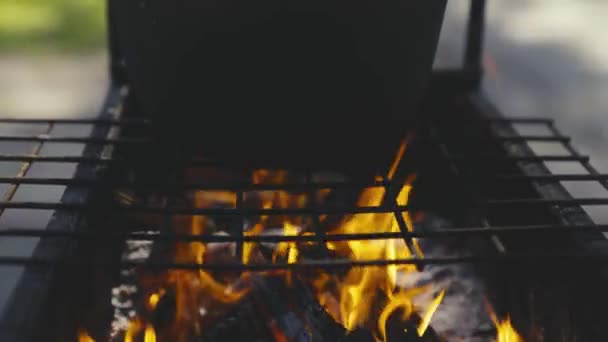 La pentola si trova su un fuoco ardente, cucinare in campeggio, cucinare in una fossa di fuoco nella natura, attività all'aperto, accendere un fuoco, deliziose ricette di viaggio, stagione avventura, rallentatore — Video Stock