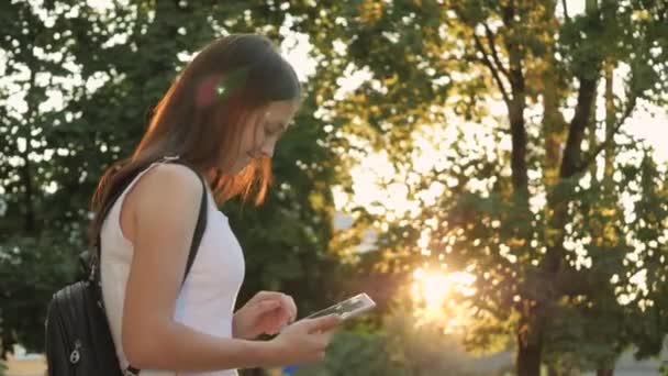 Una chica estudia en una tableta en los rayos del sol de la ciudad, hacer compras en línea al atardecer en una tienda en línea, comprobar el correo en las redes sociales, chatear, leer libros y noticias en las fuentes de información de los sitios — Vídeos de Stock