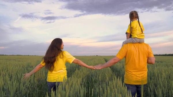Een boer met zijn vrouw en een klein kind op zijn schouders wandelt in een groen tarweveld, een gelukkig gezin, een kind droomt van een vader, familiebedrijf, roggeplantage, graanproductie — Stockfoto