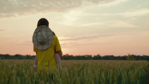 Matka rolnik z małym dzieckiem w ramionach spaceruje po polu z pszenicy, szczęśliwej rodziny, agronomist kobieta, rolnictwo biznesu, uprawy na świeżym powietrzu, dojrzewania na ziemi — Wideo stockowe