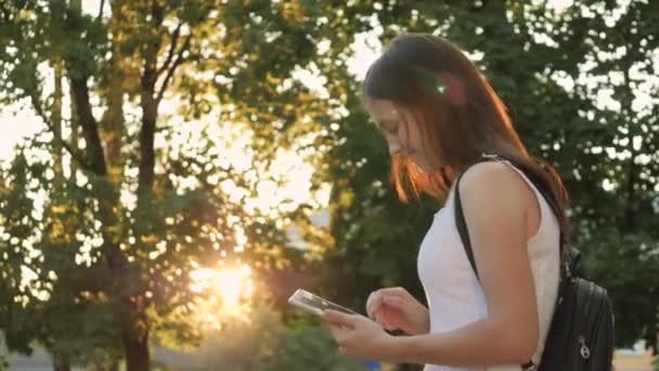 Ένα κορίτσι μελετά σε ένα tablet στις ακτίνες του ήλιου της πόλης, κάνει online ψώνια το ηλιοβασίλεμα σε ένα ηλεκτρονικό κατάστημα, ελέγξτε το ταχυδρομείο στα κοινωνικά δίκτυα, chat, διαβάστε βιβλία και ειδήσεις σε πηγές πληροφοριών των τόπων — Αρχείο Βίντεο