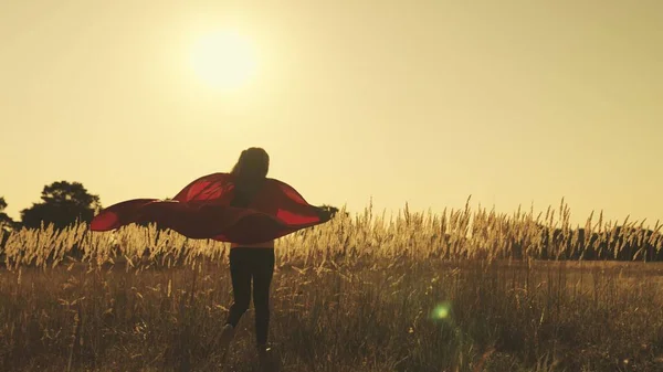 Happy teenage girl in developing red cloak in wind at sunset in the sky, dreaming of becoming superhero protecting weak and not wine people, defeating evil, good person who does good loves to help — Stock Photo, Image