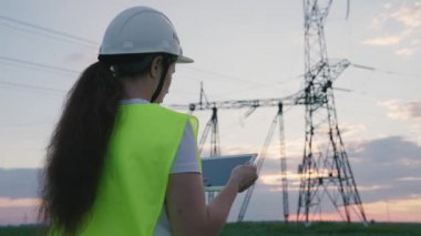 Bir elektrikçi, elektrik sağlayan büyük bir enerji santralinde tabletle çalışır, bir enerji mühendisi yüksek voltaj kulelerinden bir proje yapar, modern teknolojileri kullanarak kablolardan akım geçirir.