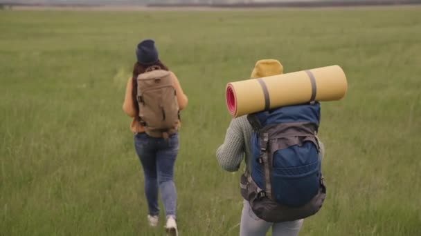 Glada aktiva hipster flickor med ryggsäckar på ryggen resa genom en vacker dal, en tusenårig kvinna på ett grönt fält, resor vandring, vandring på stigen, friluftsliv — Stockvideo