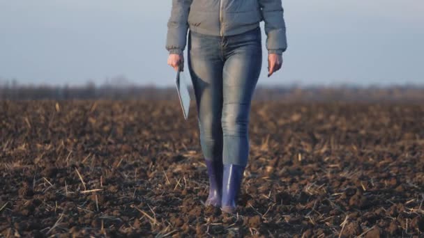 En bonde går genom ett fält av plöjd mark i gummistövlar med en tablett i handen, jordbruk, en agronomist arbetar under vårsäsongen, plantering av plöjd jord redo för sådd jord — Stockvideo