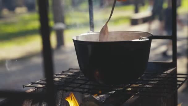 Mengaduk makanan dalam panci dengan tangan Anda, memasak makanan di atas api di perjalanan berkemah di alam, resep dimasak di atas api dan asap, kegiatan luar ruangan modern pada akhir pekan, uap panas melonjak dari panci — Stok Video