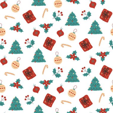 Noel ağaçları, hediyeler ve temiz beyaz arka planda noktalar gibi dağınık tatil gereksinimlerini içeren basit, parlak ve neşe dolu bir desen. Tüm tatil sezonu projelerinde çok yönlü ve kullanımı kolay.