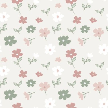 Yumuşak pembe çiçekler, adaçayı yeşili yapraklar ve keten esinlenilmiş arka plan içeren ılık bir İskandinav çiçeği deseni. Kumaş, kırtasiye ve İskandinav tasarımları için ideal..