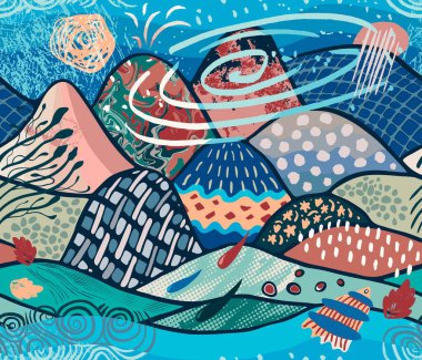 Şekil verilmiş bir dağ silsilesine sahip soyut bir galaksi konsepti. Su dalgaları ufuk çizgisiyle birleşiyor. Farklı dokular stilize edilmiş ama tanınabilir manzarayı kapsıyor. Bir duvar dekoru, yazdırma ya da ağ için