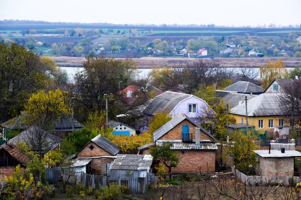 Селище Міського Типу Стоїть Біля Ставка Дахи Будинків Видно Зверху — стокове фото