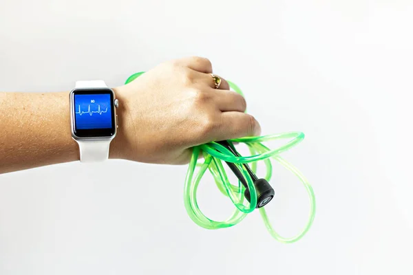 Smart Watch Fitness Female Hand Sports Skipping Rope White Background — Stock Photo, Image