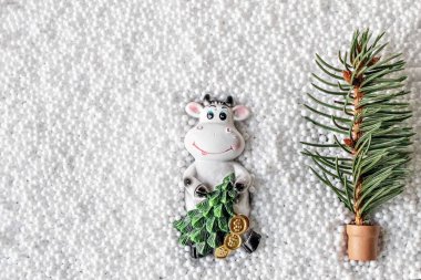 Mini Noel ağacı ve beyaz karlı arka planda beyaz boğa. Yeni yıl ve Noel konsepti