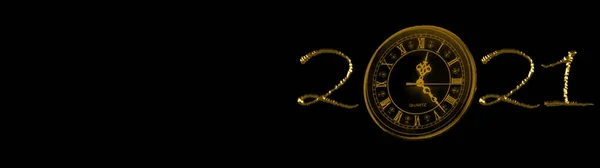 Gold numbers with a clock face, symbols of the New Year on a black background. New Year and Christmas concept