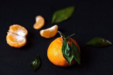 Siyah arka planda yeşil yapraklı taze Mandarin meyvesi.