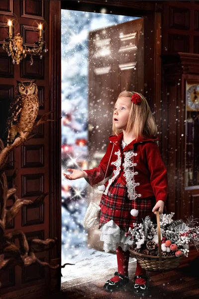 Una Niña Con Disfraz Navidad Está Pie Con Una Cara — Foto de Stock
