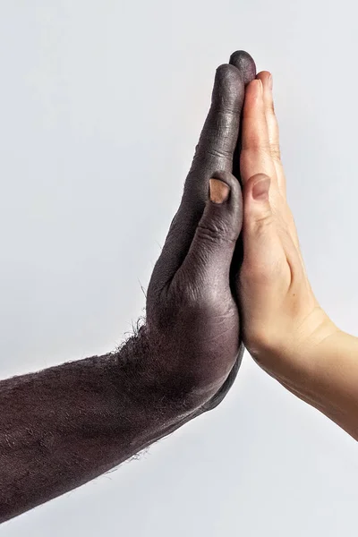 Fekete Férfi Fehér Női Kéz Tárt Tenyérrel Egymás Előtt Fekete — Stock Fotó
