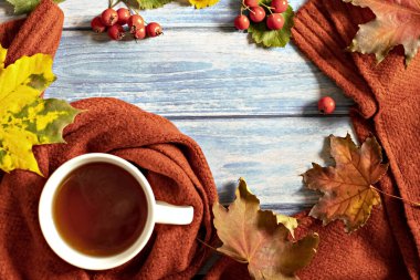 Sonbahar kompozisyonu, bir fincan sıcak çay, sıcak bir terracotta eşarbı, düşmüş yapraklar ve mavi ahşap bir masanın arka planında dikenli böğürtlen. Düz yatıyordu.