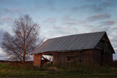 Batan güneş terk edilmiş eski ahır evini aydınlatıyor. Sonbahar akşamları çok güzel, çok dramatik gökyüzü var..