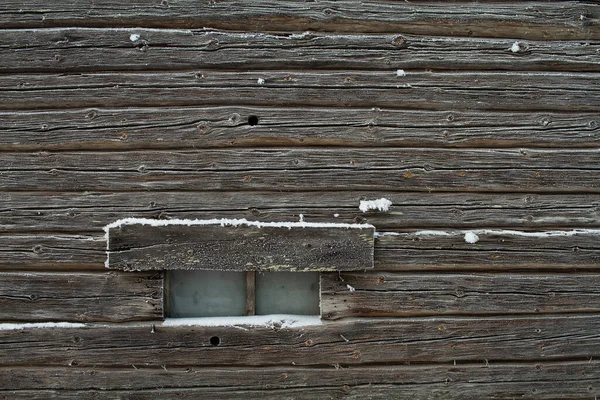 Крихітне Вікно Дерев Яній Стіні Старого Сарайного Будинку Мороз Покрив — стокове фото